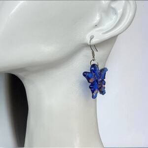 Blue and Gold Glass Butterfly Hook Earrings 1" x 1"